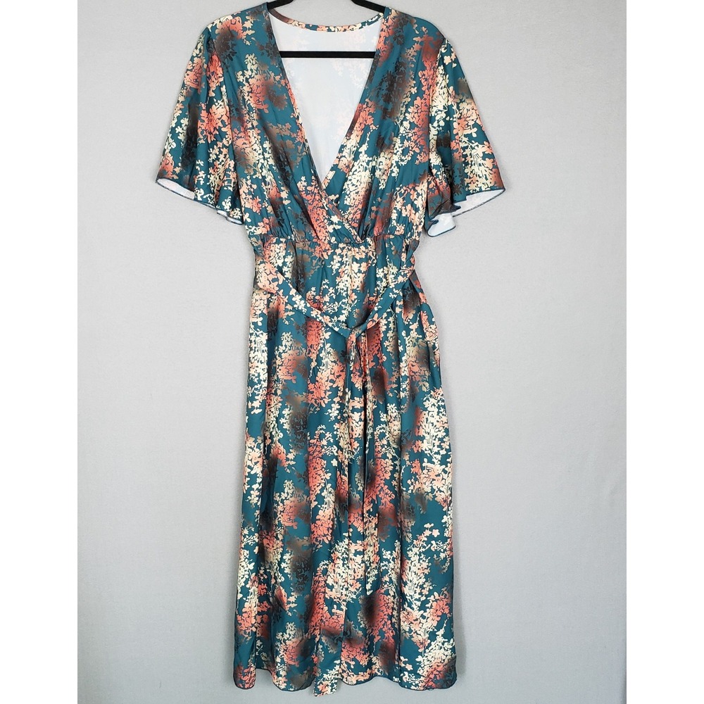 Floral‎ Wrap Style Maxi Dress Teal Satin Ombre Leaf Print Wedding Guest Size 1X